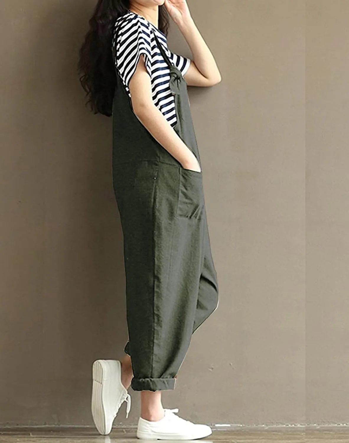 Aedvoouer Women's Jumpsuits Overalls Plus Size Wide Leg Loose Cotton Linen Baggy Bib Pants