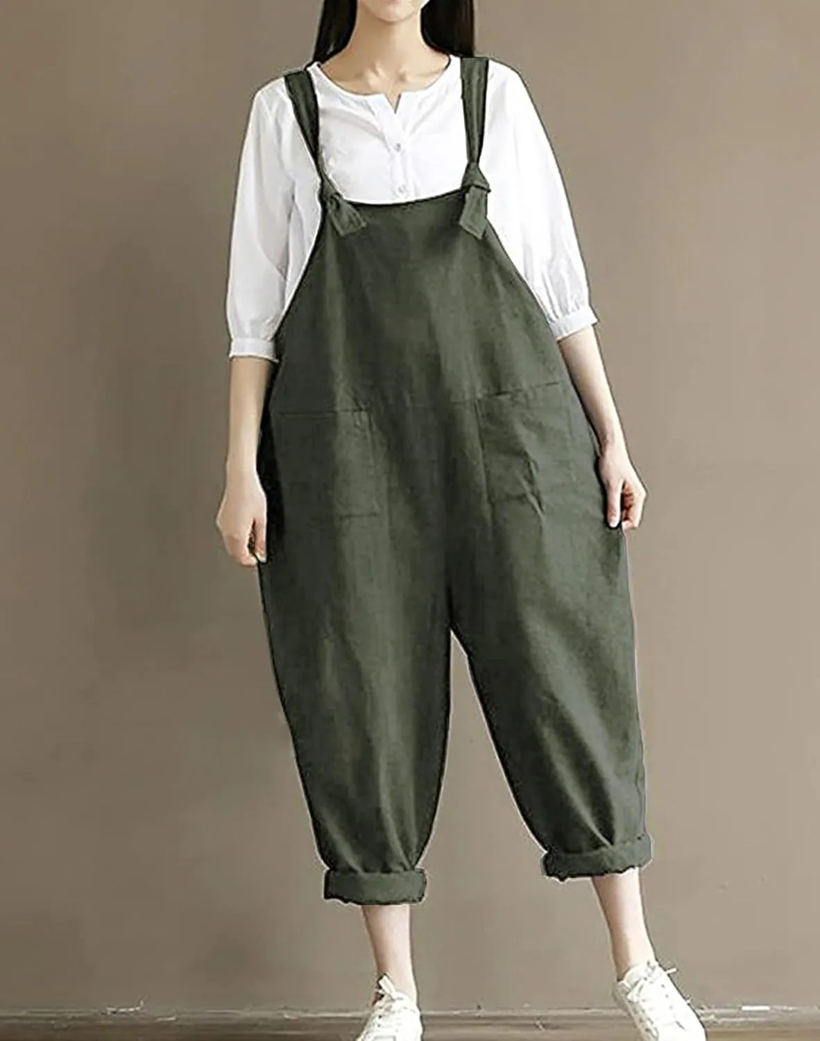 Aedvoouer Women's Jumpsuits Overalls Plus Size Wide Leg Loose Cotton Linen Baggy Bib Pants