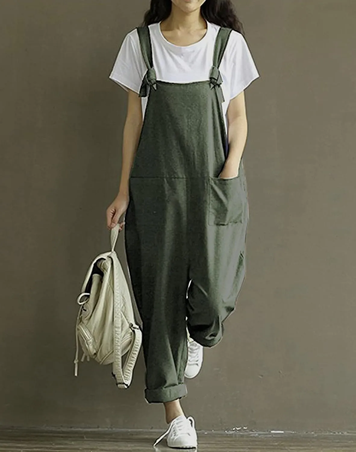 Aedvoouer Women's Jumpsuits Overalls Plus Size Wide Leg Loose Cotton Linen Baggy Bib Pants