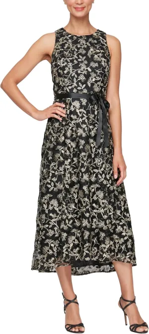 Alex Evenings Women's Sleeveless Midi Dress with Elegant Embroidery, Full Skirt and Tie Belt (Petite and Regular Sizes)