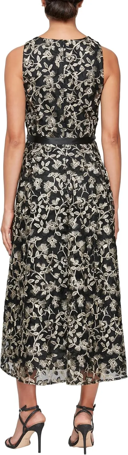 Alex Evenings Women's Sleeveless Midi Dress with Elegant Embroidery, Full Skirt and Tie Belt (Petite and Regular Sizes)