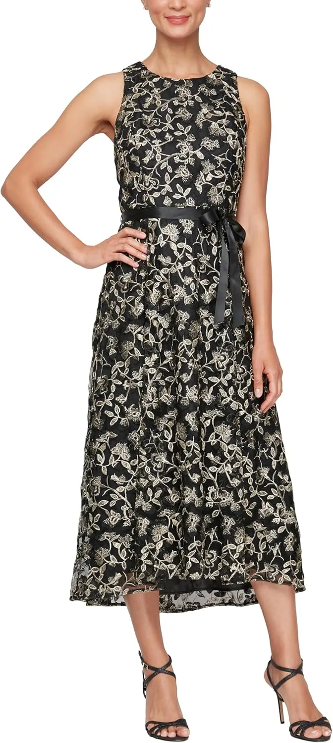Alex Evenings Women's Sleeveless Midi Dress with Elegant Embroidery, Full Skirt and Tie Belt (Petite and Regular Sizes)