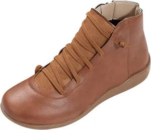 AMDBEL Boots for Women Fashion Dressy, Arch Support Flat Boots Footwear Lace up Zipper Vintage Booties Flat Heel Short Boots