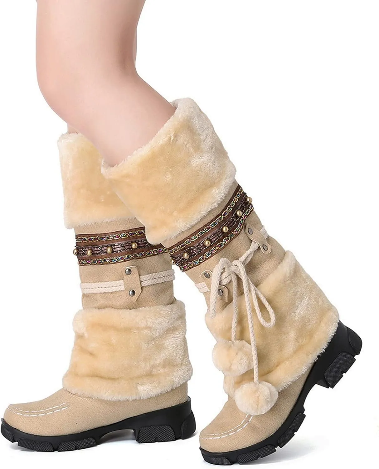 AMDBEL Boots for Women Fashion Dressy, Knee High Boots Women Warm Snow Boots Round Toe Slip on Shoes Heels Hairball Boots
