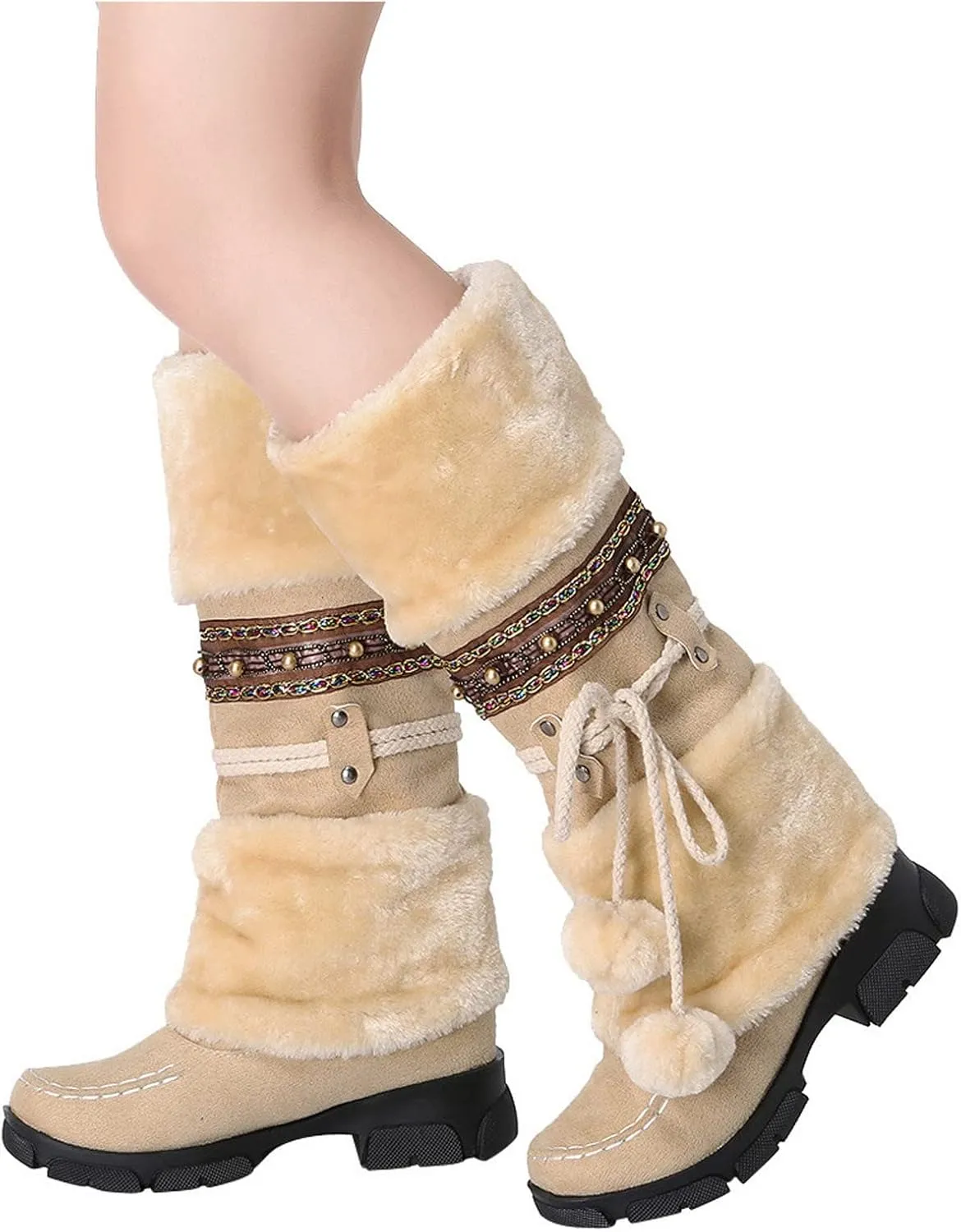 AMDBEL Boots for Women Fashion Dressy, Knee High Boots Women Warm Snow Boots Round Toe Slip on Shoes Heels Hairball Boots