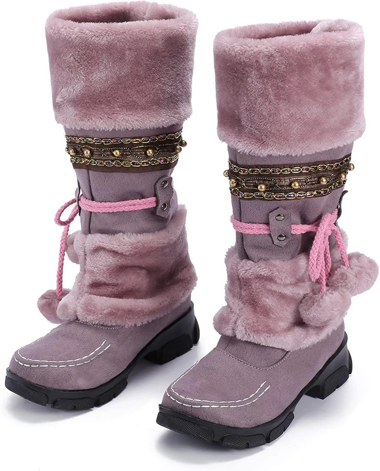 AMDBEL Boots for Women Fashion Dressy, Knee High Boots Women Warm Snow Boots Round Toe Slip on Shoes Heels Hairball Boots