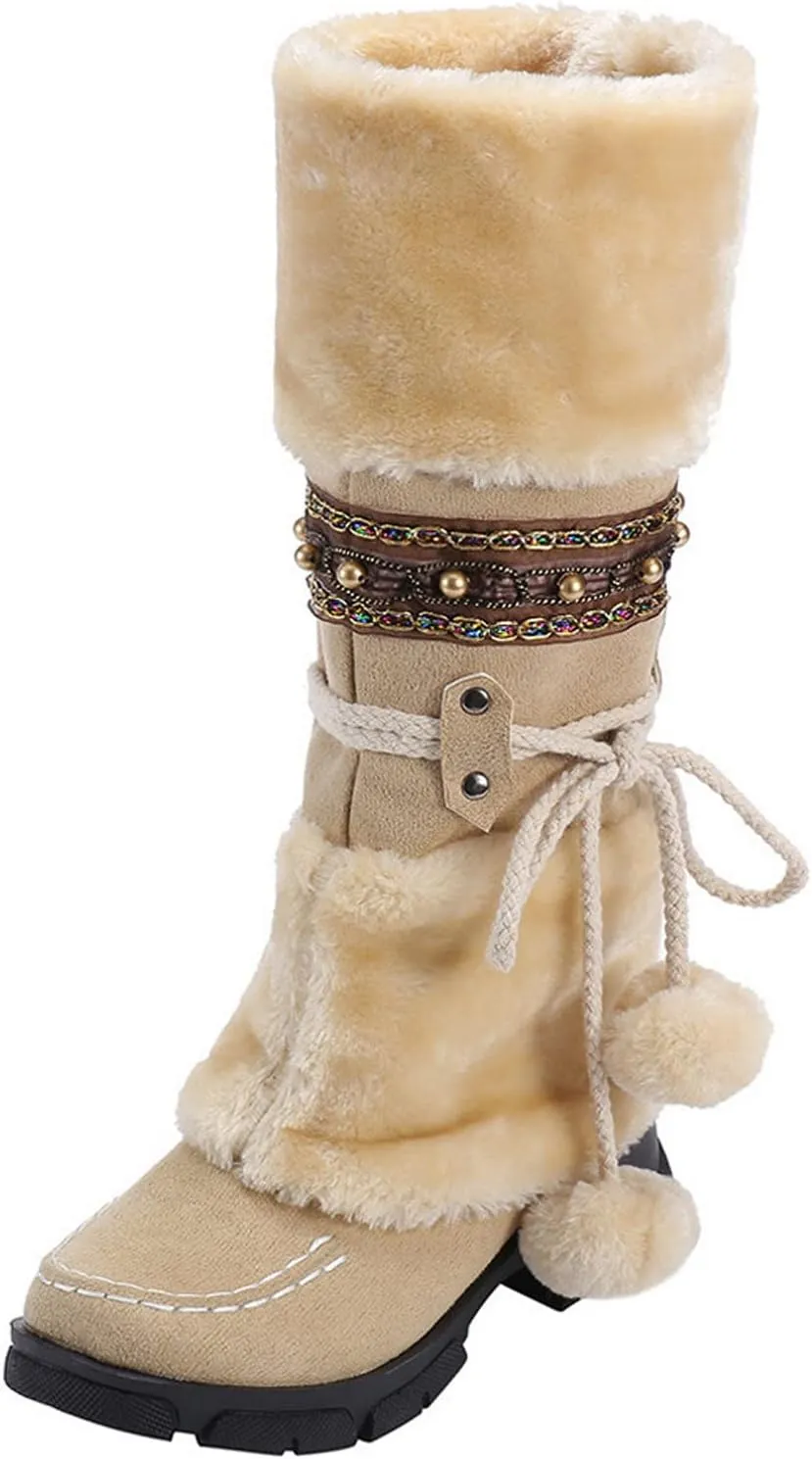 AMDBEL Boots for Women Fashion Dressy, Knee High Boots Women Warm Snow Boots Round Toe Slip on Shoes Heels Hairball Boots