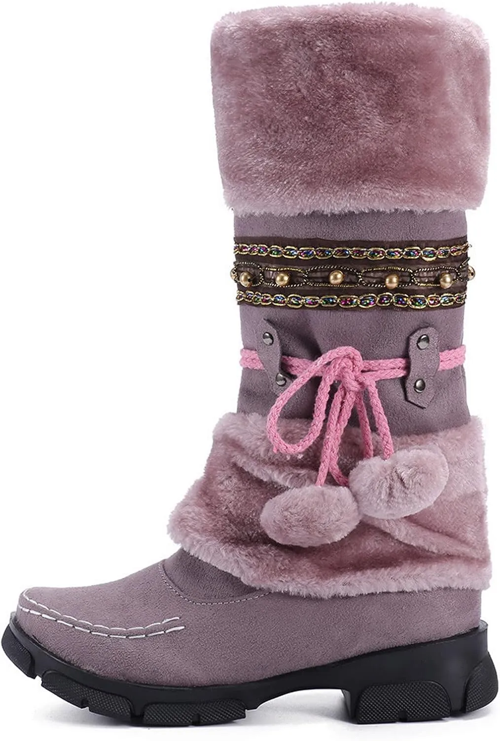 AMDBEL Boots for Women Fashion Dressy, Knee High Boots Women Warm Snow Boots Round Toe Slip on Shoes Heels Hairball Boots