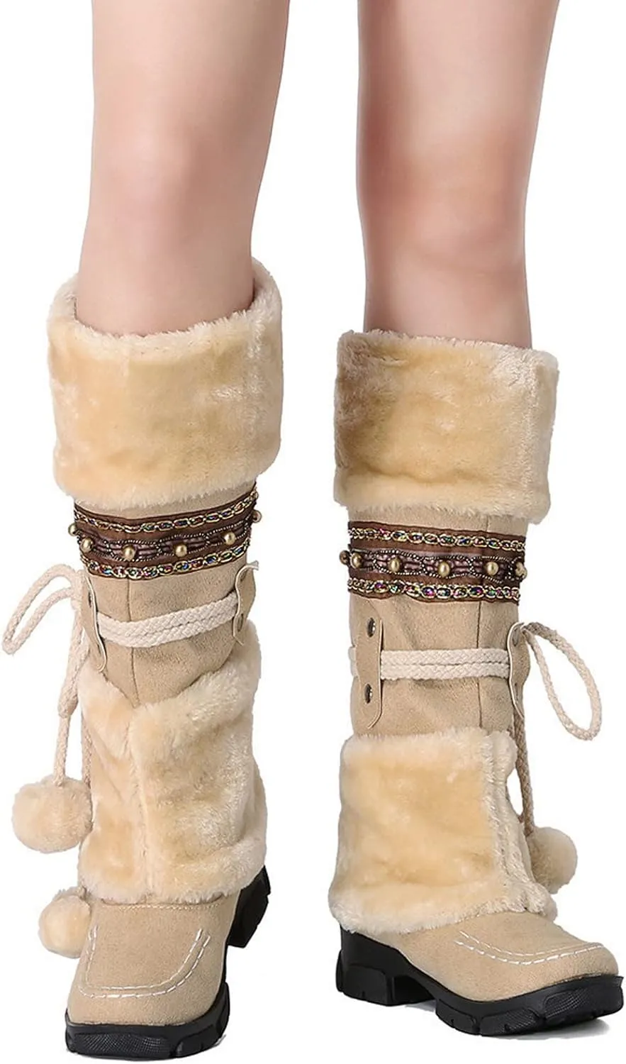 AMDBEL Boots for Women Fashion Dressy, Knee High Boots Women Warm Snow Boots Round Toe Slip on Shoes Heels Hairball Boots