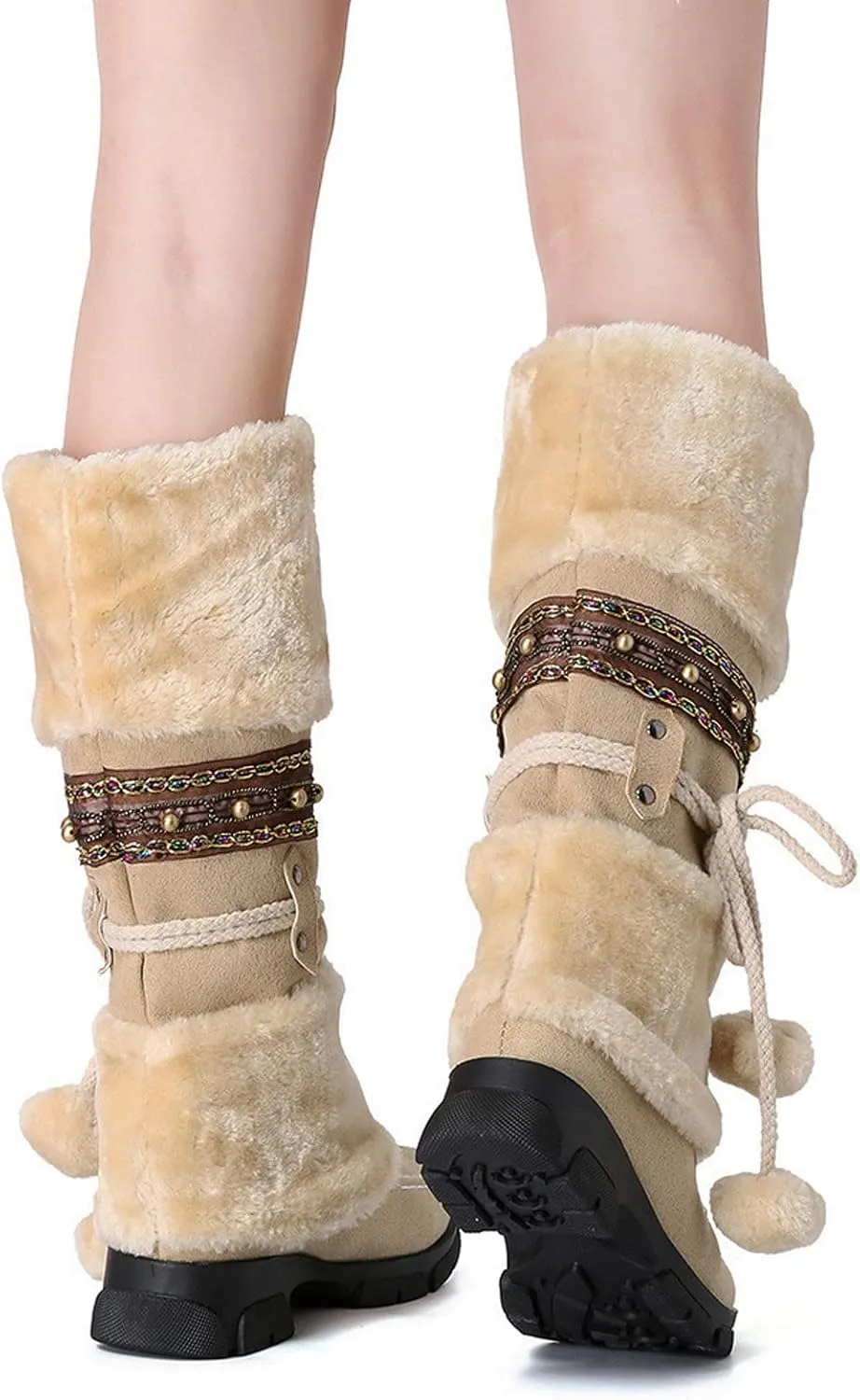 AMDBEL Boots for Women Fashion Dressy, Knee High Boots Women Warm Snow Boots Round Toe Slip on Shoes Heels Hairball Boots
