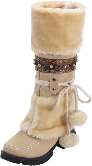 AMDBEL Boots for Women Fashion Dressy, Knee High Boots Women Warm Snow Boots Round Toe Slip on Shoes Heels Hairball Boots
