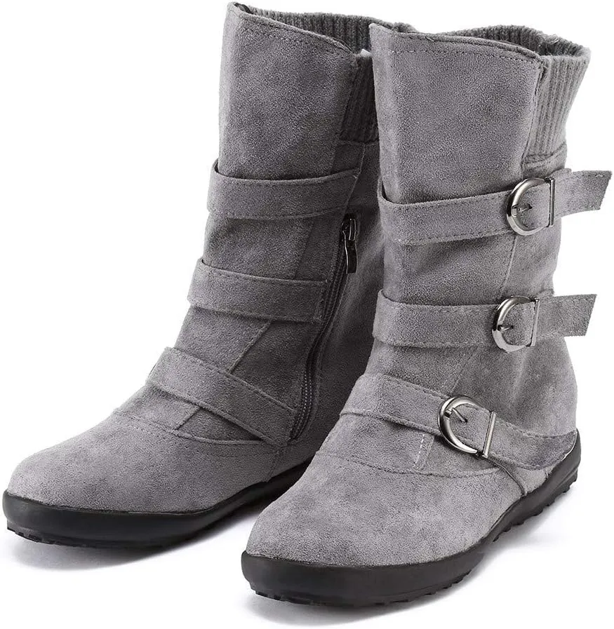 AMDBEL Cowboy Boots for Women, Snow Boots For Women Round Toe Zipper Flat Mid Boots Winter Warm Buckle Strap Snow Boots