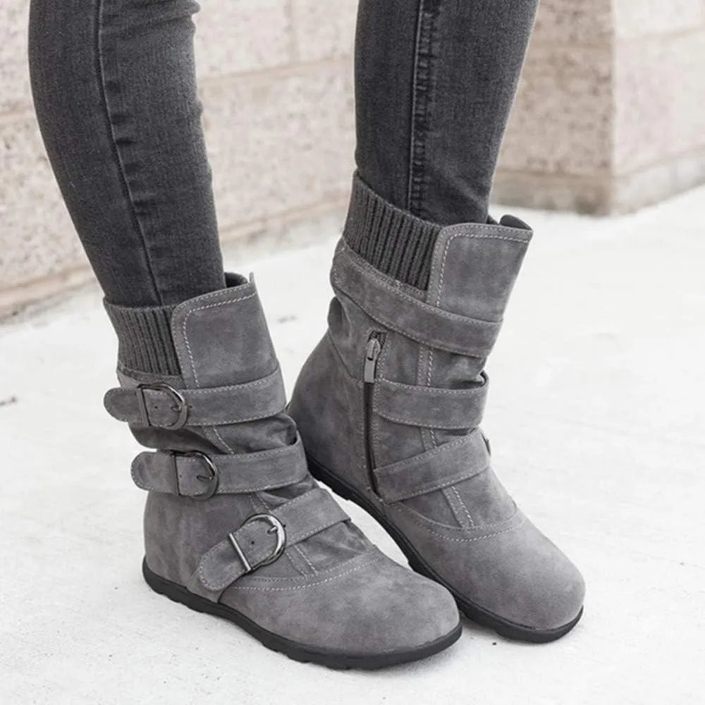 AMDBEL Cowboy Boots for Women, Snow Boots For Women Round Toe Zipper Flat Mid Boots Winter Warm Buckle Strap Snow Boots