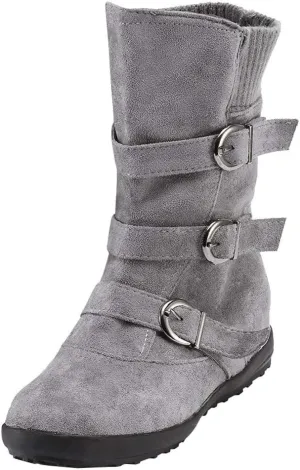 AMDBEL Cowboy Boots for Women, Snow Boots For Women Round Toe Zipper Flat Mid Boots Winter Warm Buckle Strap Snow Boots