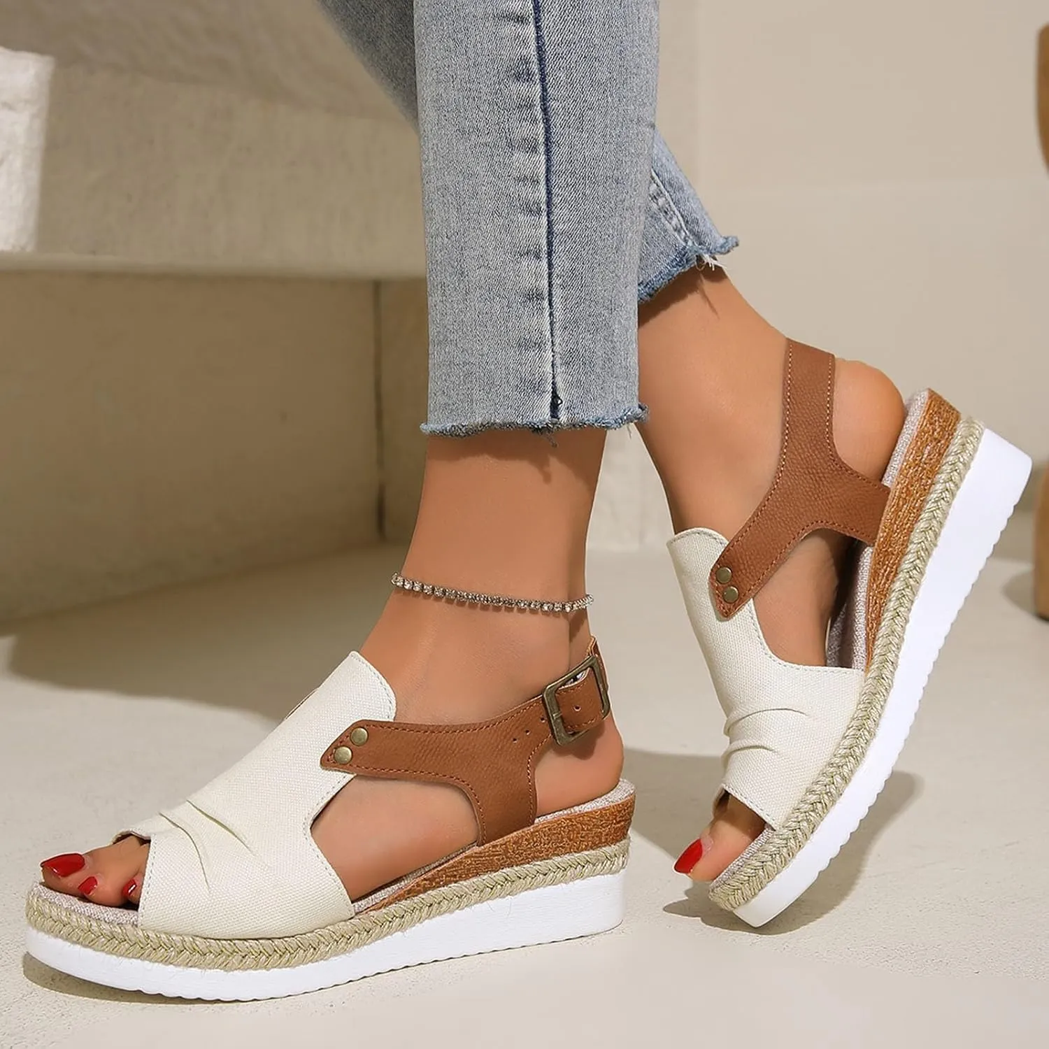AMDBEL Wedge Sandals for Women Dressy Summer Platform Espadrilles Fish Mouth Sandals Comfy Ankle Strap Casual Sandals Shoes