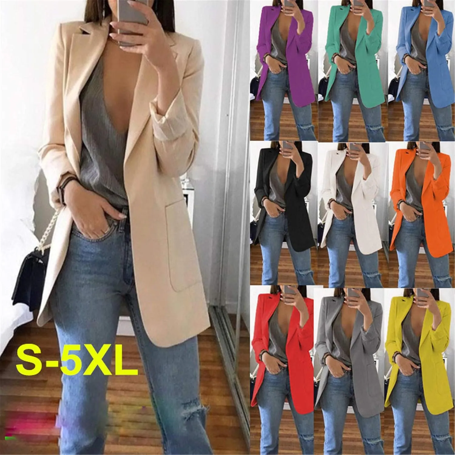 Andongnywell Women Blazer Long Sleeve Casual Open Front Jackets Solid Boyfriend Blazer with Pockets