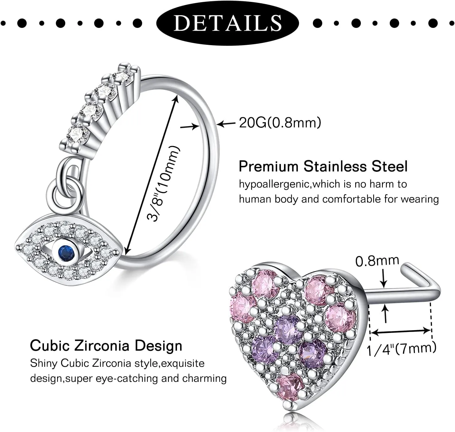 Anicina 20g 22g Nose Rings Studs Surgical Stainless Steel Nose Rings Hoops L Bone Screw Shape Nostril Nose Piercing Jewelry Heart Flower Moon Snake Butterfly Hypoallergenic Nose Screw for Women Men