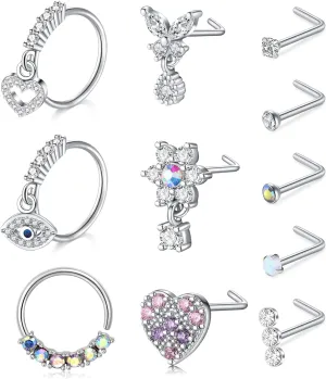 Anicina 20g 22g Nose Rings Studs Surgical Stainless Steel Nose Rings Hoops L Bone Screw Shape Nostril Nose Piercing Jewelry Heart Flower Moon Snake Butterfly Hypoallergenic Nose Screw for Women Men