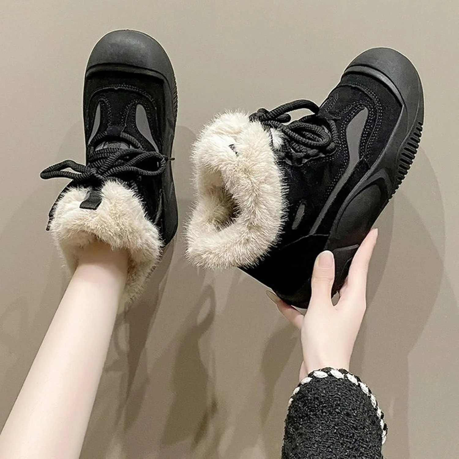 Ankle Boots for Women Comfy Fur Boots for Women Winter Padded Furry Flat Shoes Hundred Casual Lace Pp Warm Boots