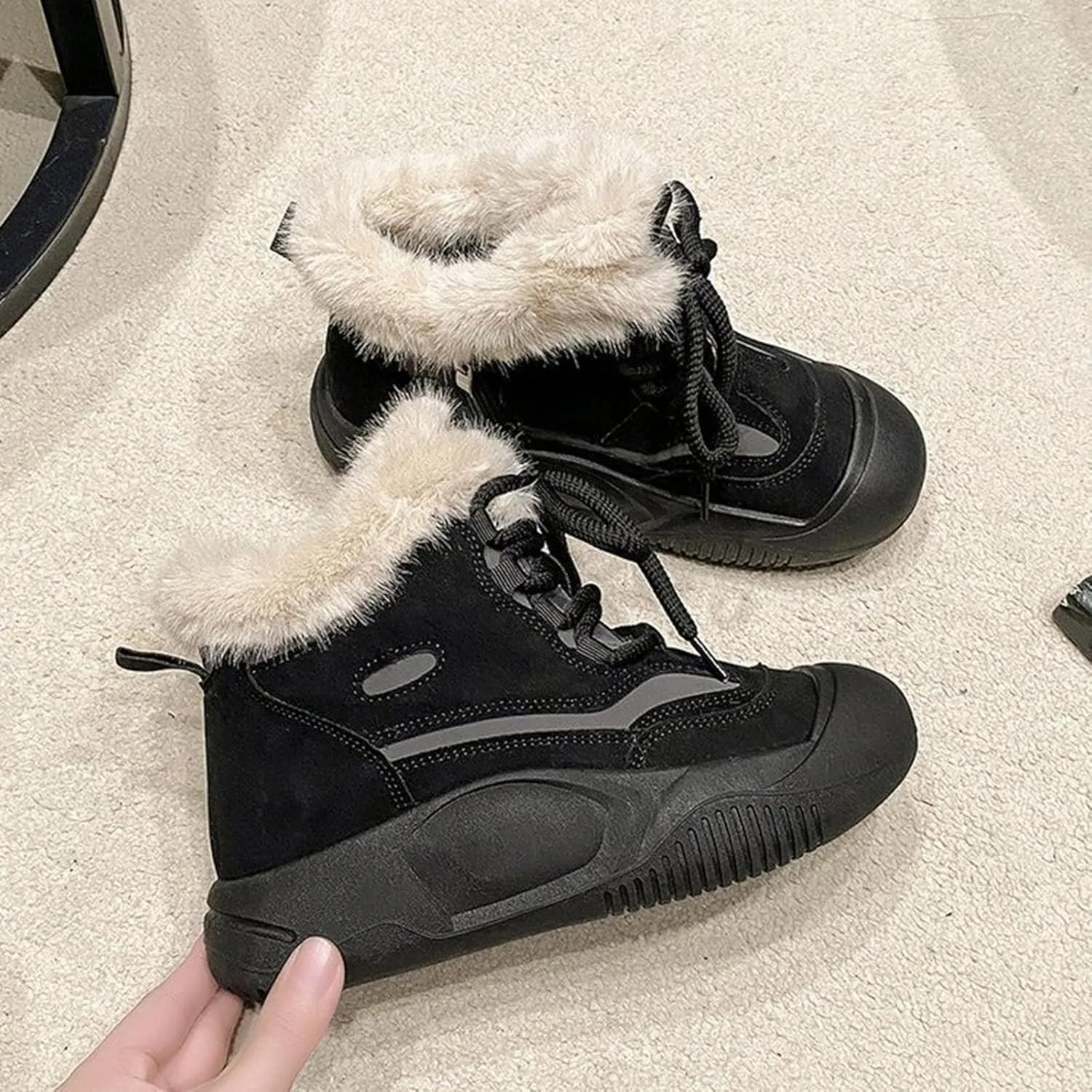 Ankle Boots for Women Comfy Fur Boots for Women Winter Padded Furry Flat Shoes Hundred Casual Lace Pp Warm Boots