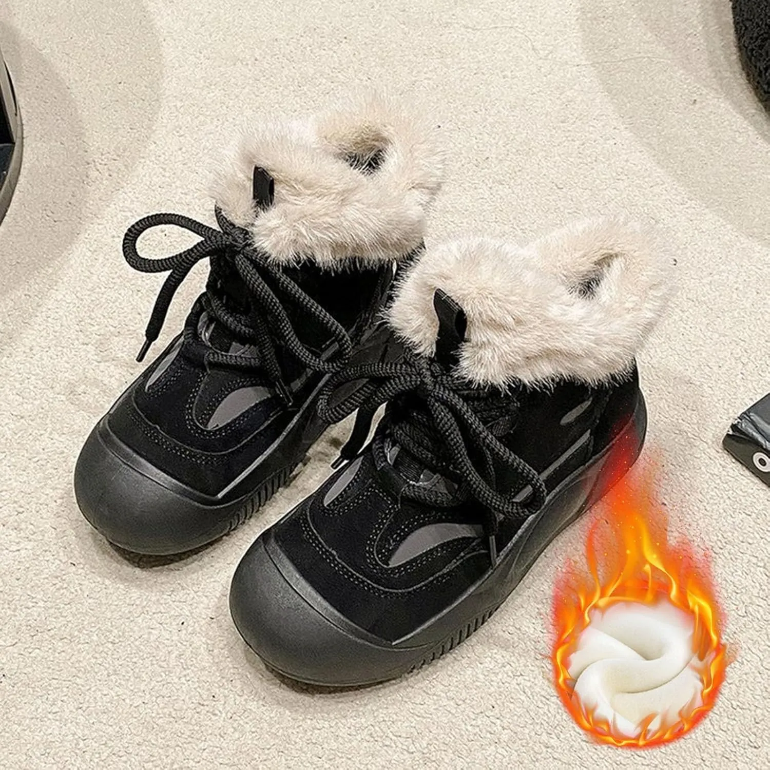 Ankle Boots for Women Comfy Fur Boots for Women Winter Padded Furry Flat Shoes Hundred Casual Lace Pp Warm Boots