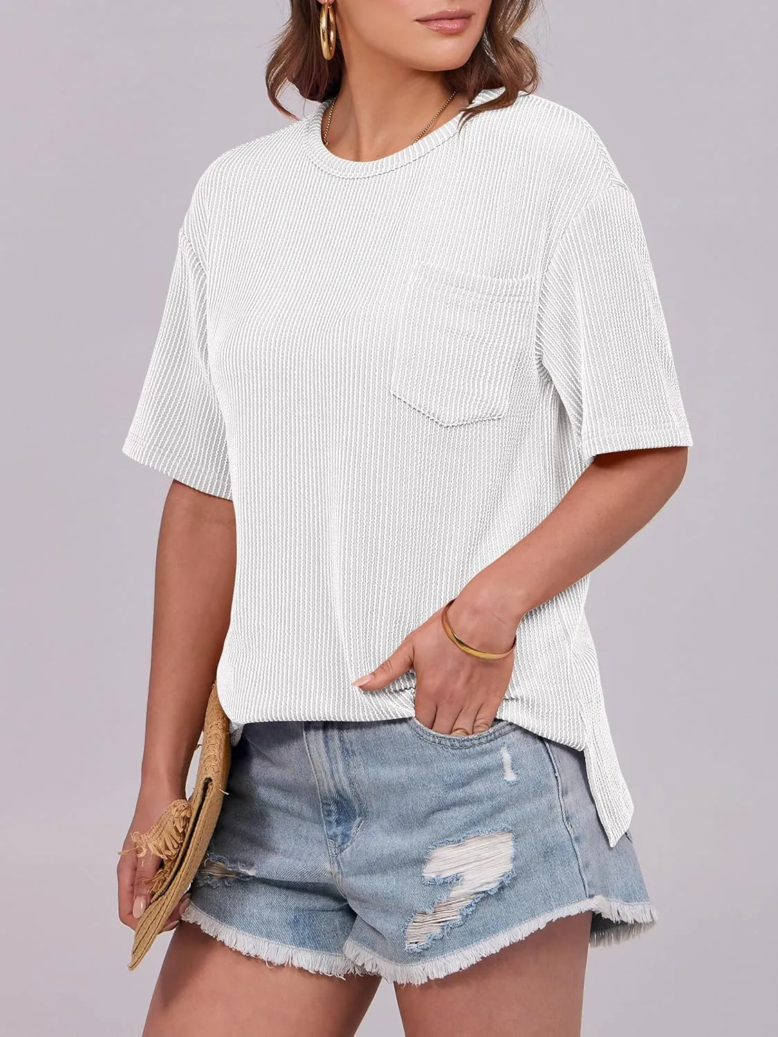 ANRABESS Womens Short Sleeve Tops Crewneck Summer Casual Ribbed Knitted T Shirts