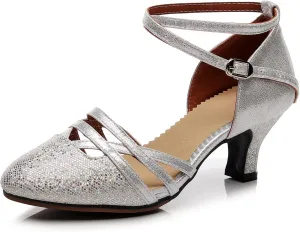 AOQUNFS Women's Glitter Latin Dance Shoes Closed Toe Latin Ballroom Dance Shoes Middle Heel,FT088A