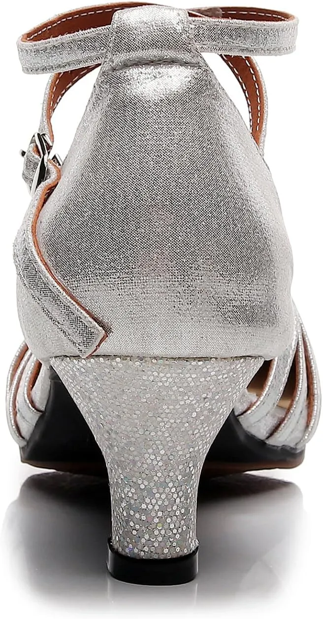 AOQUNFS Women's Glitter Latin Dance Shoes Closed Toe Latin Ballroom Dance Shoes Middle Heel,FT088A