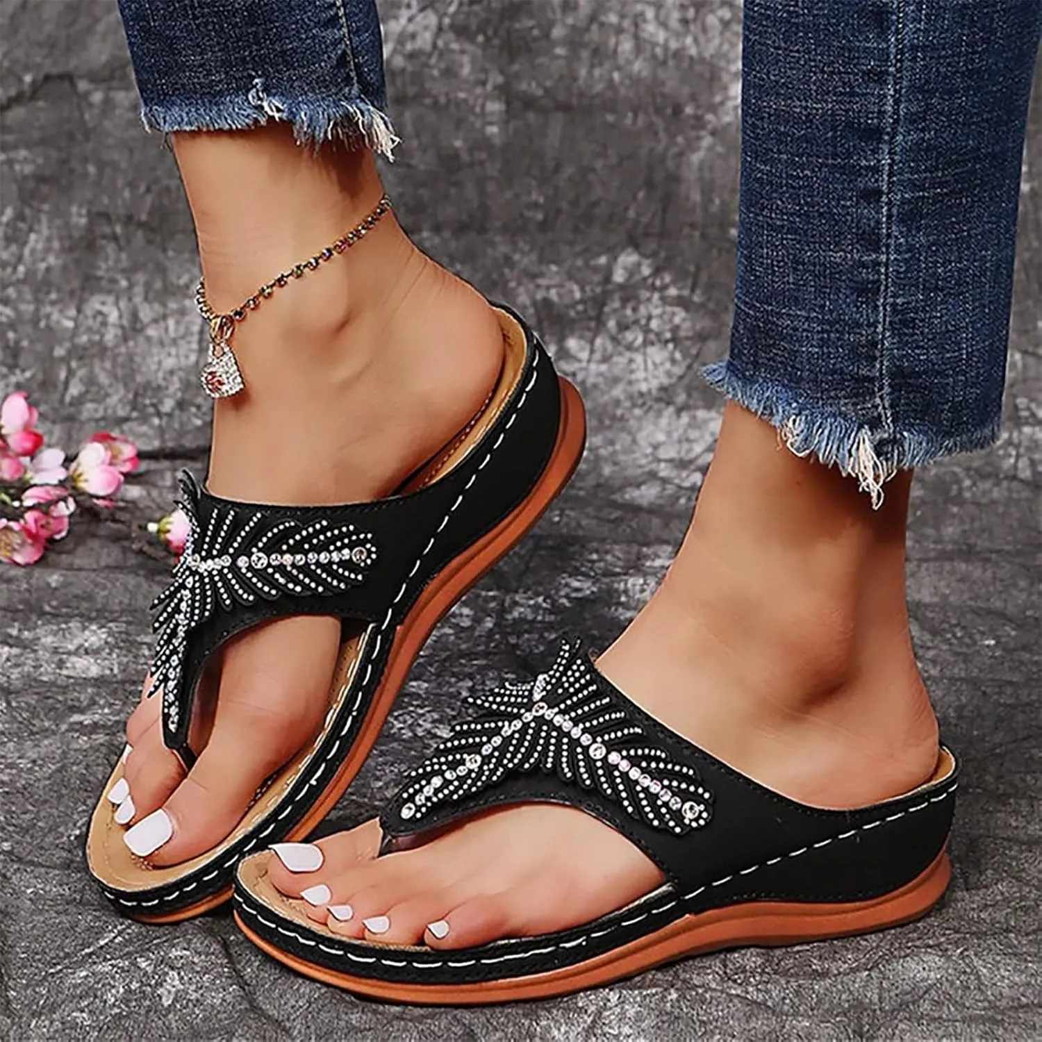 Arch Support Sandals Women's Dressy Orthopedic Comfortable Summer Flip Flop Peep Toe Hollow Out Wedge Flip Flops Casual Adjustable Breathable Walking Rhinestones Slippers