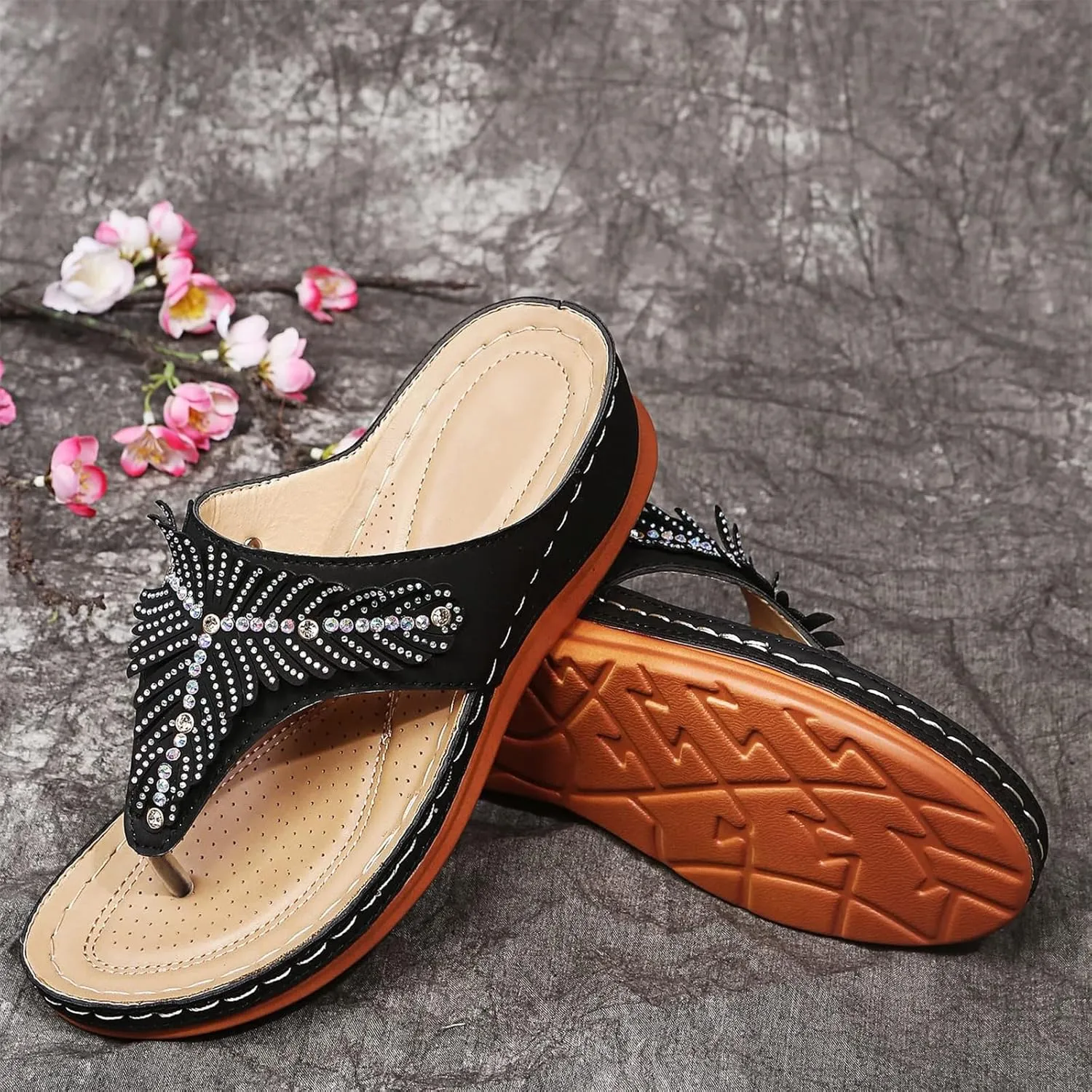Arch Support Sandals Women's Dressy Orthopedic Comfortable Summer Flip Flop Peep Toe Hollow Out Wedge Flip Flops Casual Adjustable Breathable Walking Rhinestones Slippers