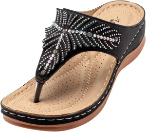 Arch Support Sandals Women's Dressy Orthopedic Comfortable Summer Flip Flop Peep Toe Hollow Out Wedge Flip Flops Casual Adjustable Breathable Walking Rhinestones Slippers