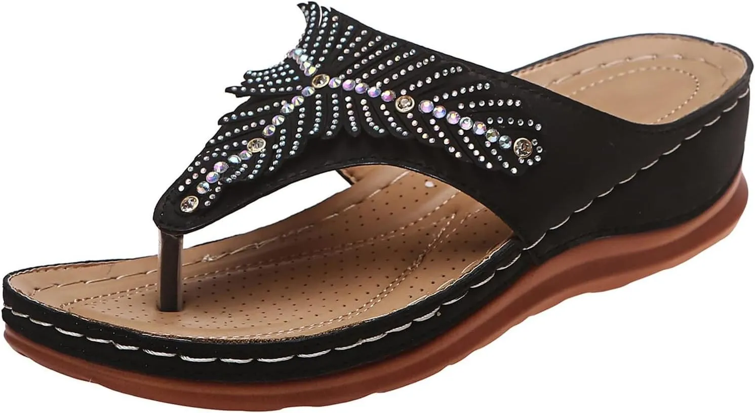 Arch Support Sandals Women's Dressy Orthopedic Comfortable Summer Flip Flop Peep Toe Hollow Out Wedge Flip Flops Casual Adjustable Breathable Walking Rhinestones Slippers