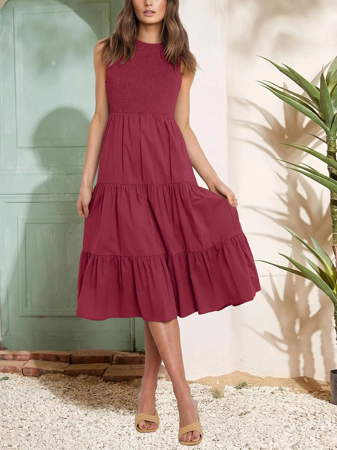 Atizon Womens Summer Sleeveless Dresses with Pockets Smocked Tiered Midi Beach Sundress