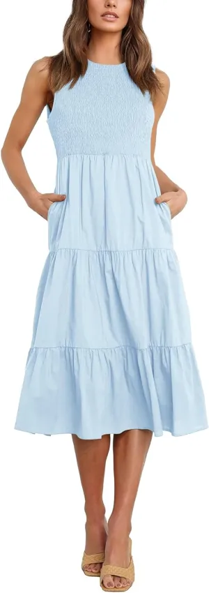 Atizon Womens Summer Sleeveless Dresses with Pockets Smocked Tiered Midi Beach Sundress