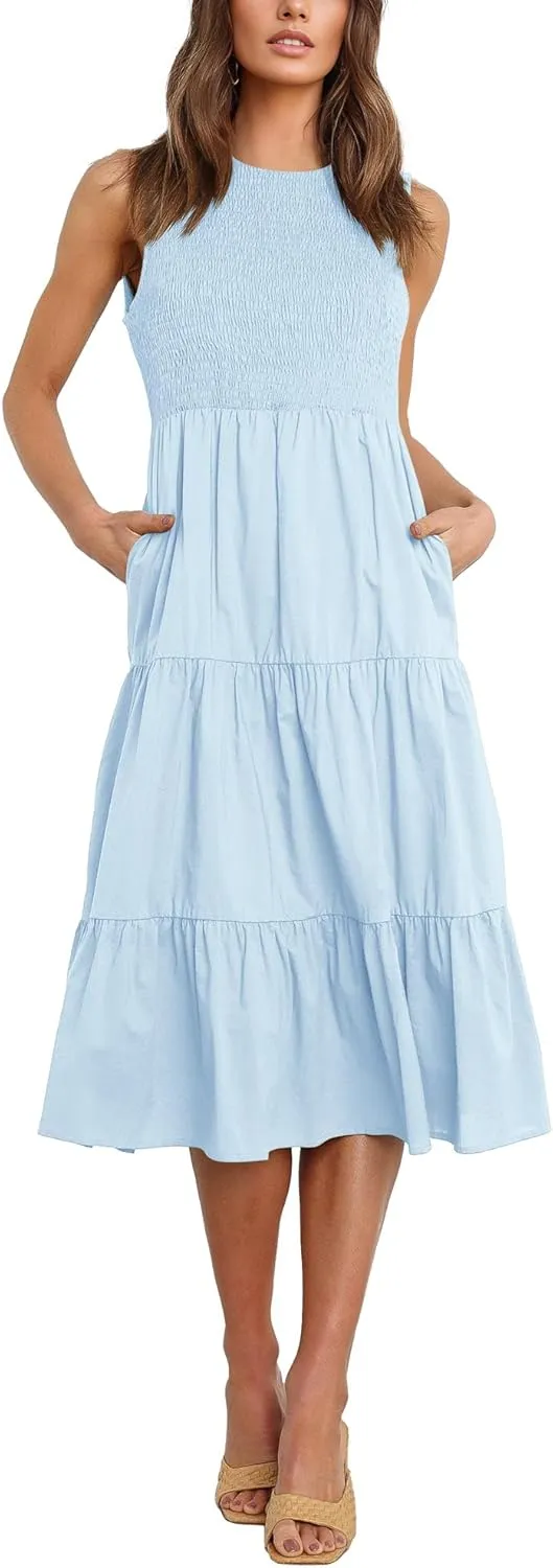 Atizon Womens Summer Sleeveless Dresses with Pockets Smocked Tiered Midi Beach Sundress