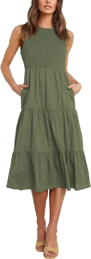 Atizon Womens Summer Sleeveless Dresses with Pockets Smocked Tiered Midi Beach Sundress