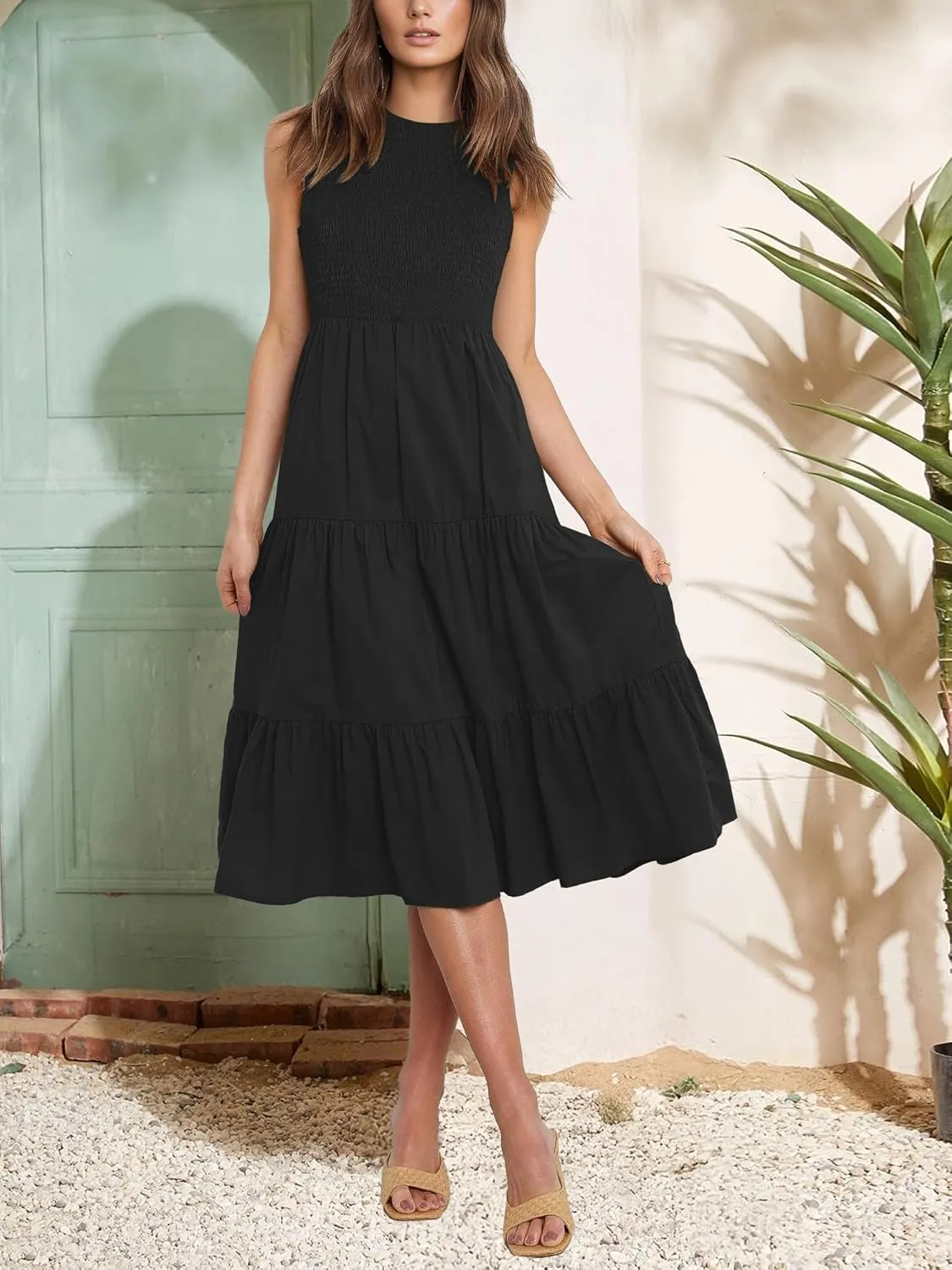 Atizon Womens Summer Sleeveless Dresses with Pockets Smocked Tiered Midi Beach Sundress
