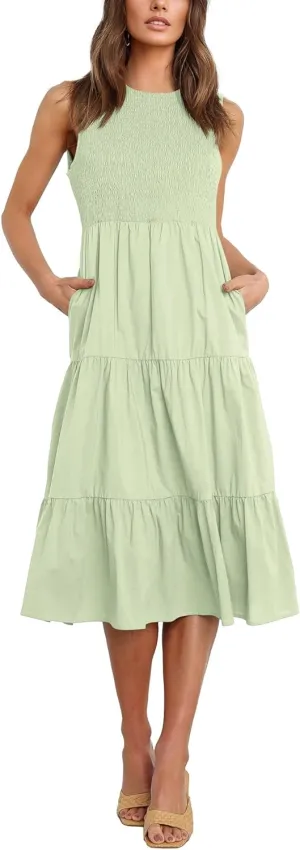 Atizon Womens Summer Sleeveless Dresses with Pockets Smocked Tiered Midi Beach Sundress