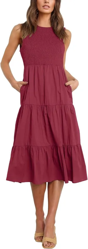 Atizon Womens Summer Sleeveless Dresses with Pockets Smocked Tiered Midi Beach Sundress