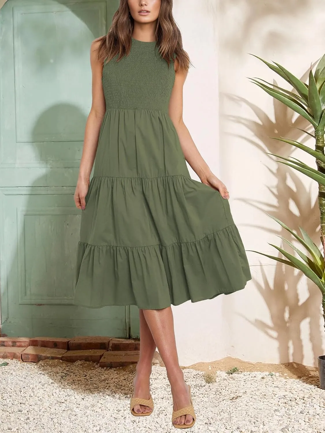 Atizon Womens Summer Sleeveless Dresses with Pockets Smocked Tiered Midi Beach Sundress