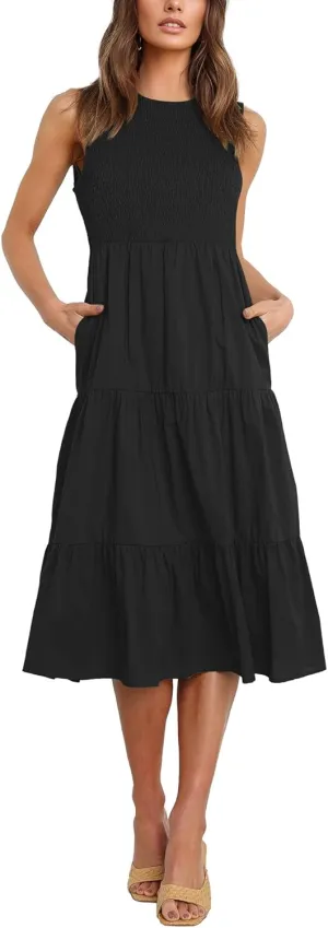 Atizon Womens Summer Sleeveless Dresses with Pockets Smocked Tiered Midi Beach Sundress