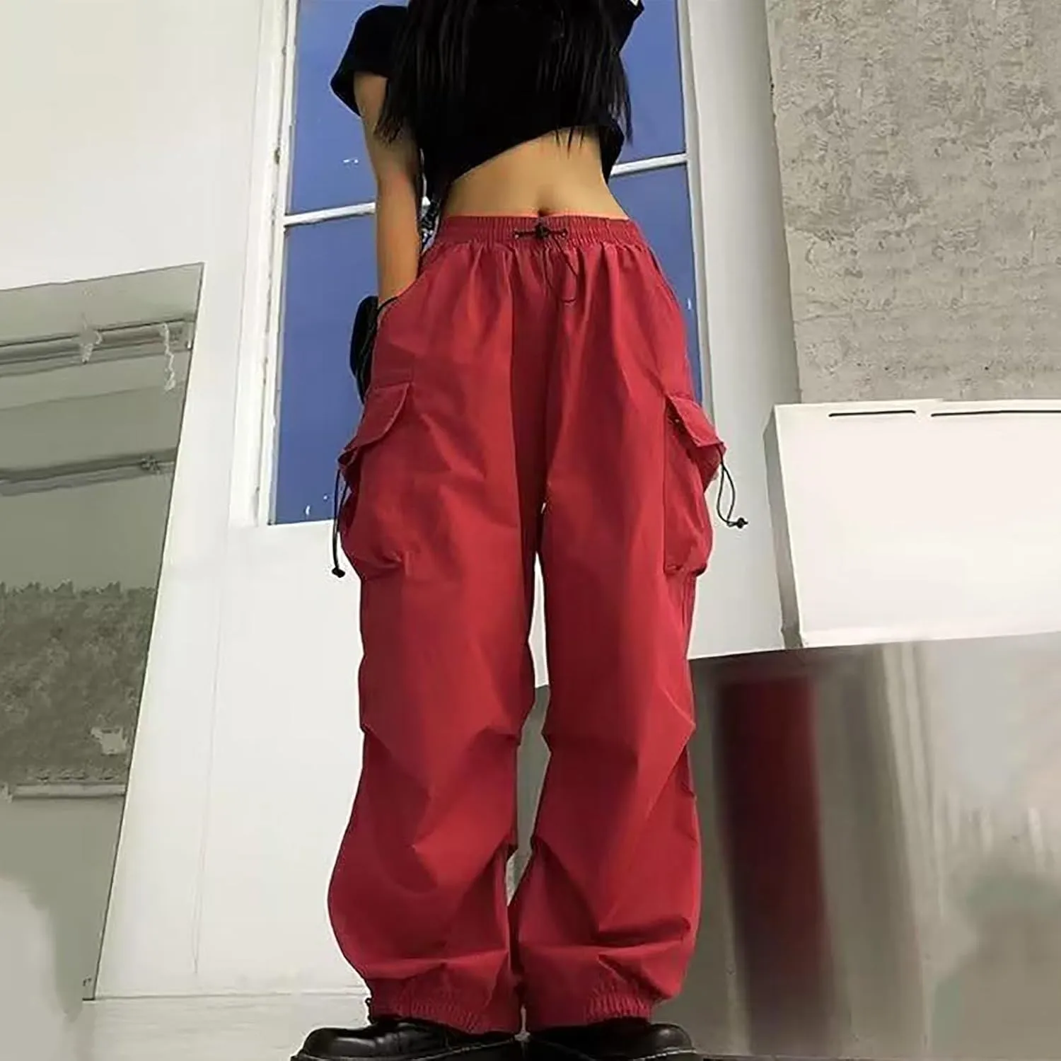 Baggy Cargo Pants Women Drawstring High Waist Parachute Pants Loose Jogger Straight Wide Leg Y2K Trousers Streetwear