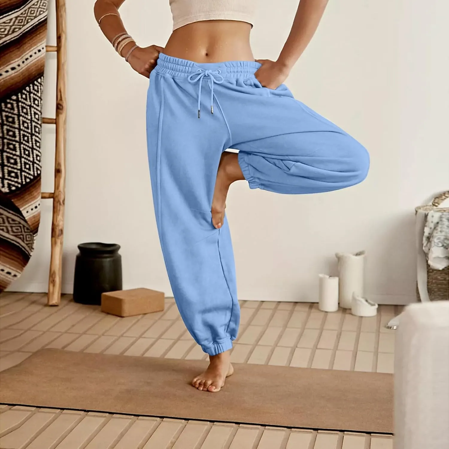 Baggy Sweatpants for Women Slim Fit Fall Jogger Pants High Waist Drawstring Fashion Trousers Petite with Pocket
