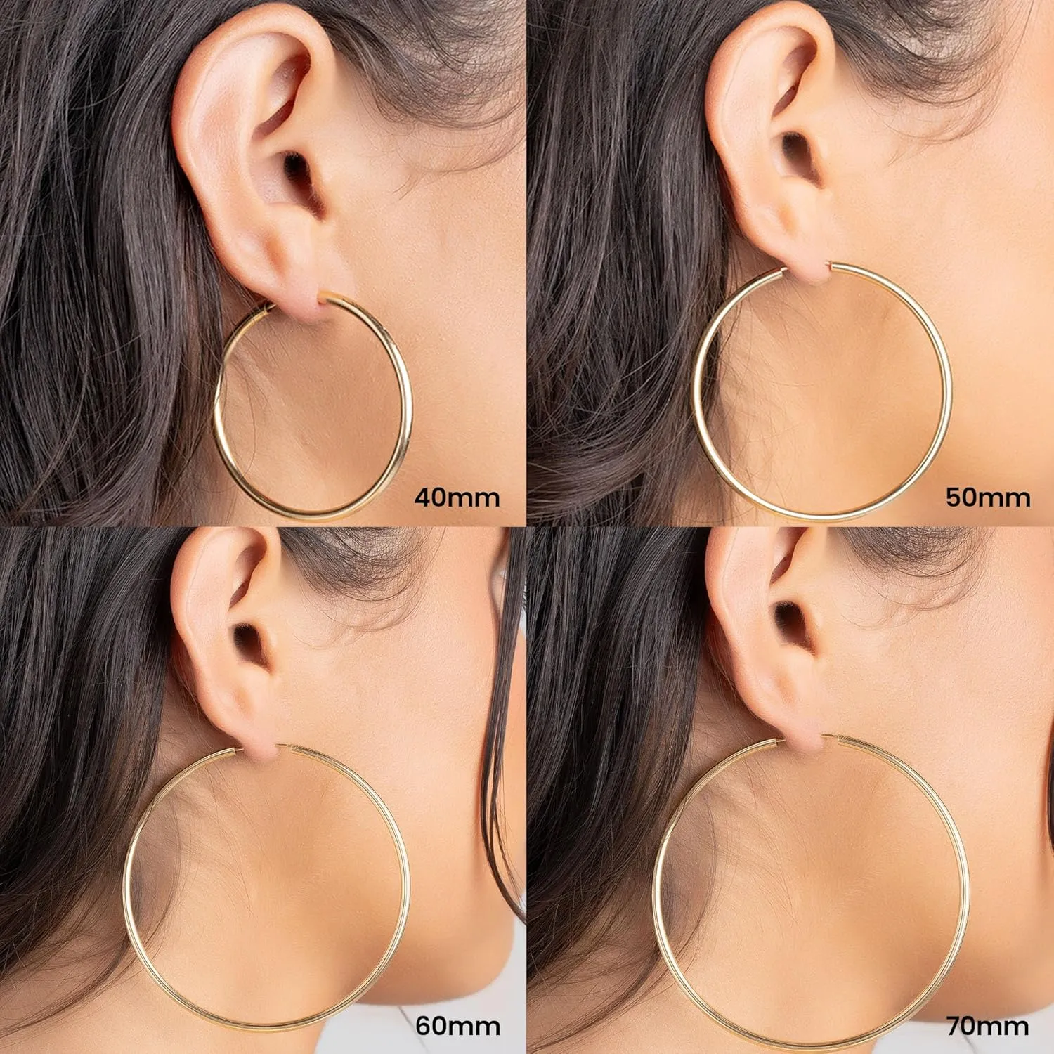 Barzel 18K Gold Plated Endless Hoop Earrings, 3mm Thick, Varying Sizes 40-70mm, High Polish Finish, Tarnish Free