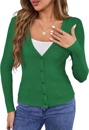 Beecarchil Women's Cardigan Sweaters Casual Button Open Front Long Sleeve V Neck Knit Lightweight Cardigans for Women