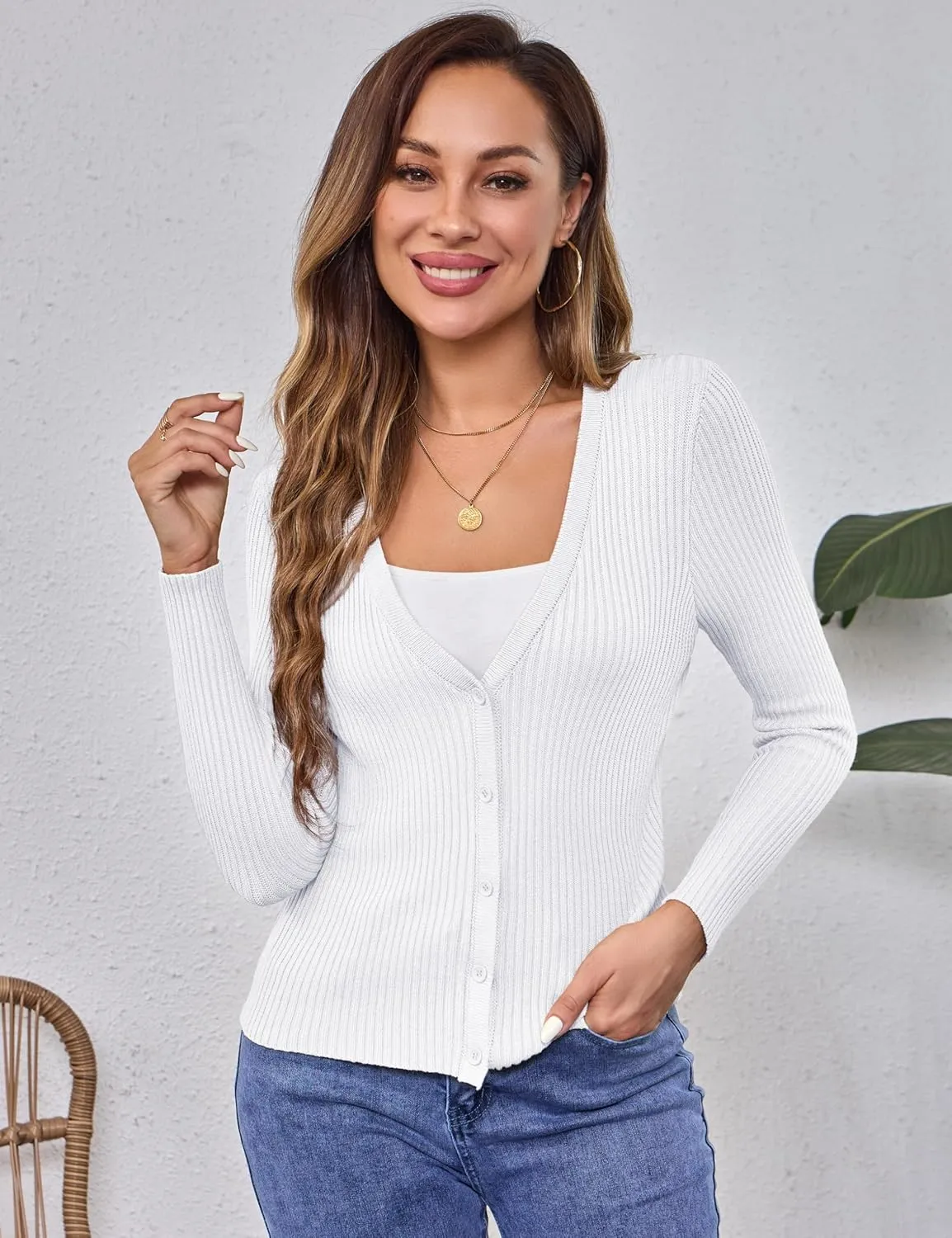 Beecarchil Women's Cardigan Sweaters Casual Button Open Front Long Sleeve V Neck Knit Lightweight Cardigans for Women