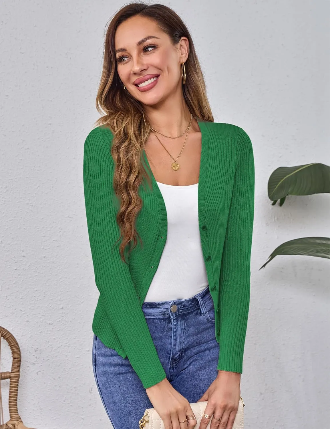Beecarchil Women's Cardigan Sweaters Casual Button Open Front Long Sleeve V Neck Knit Lightweight Cardigans for Women