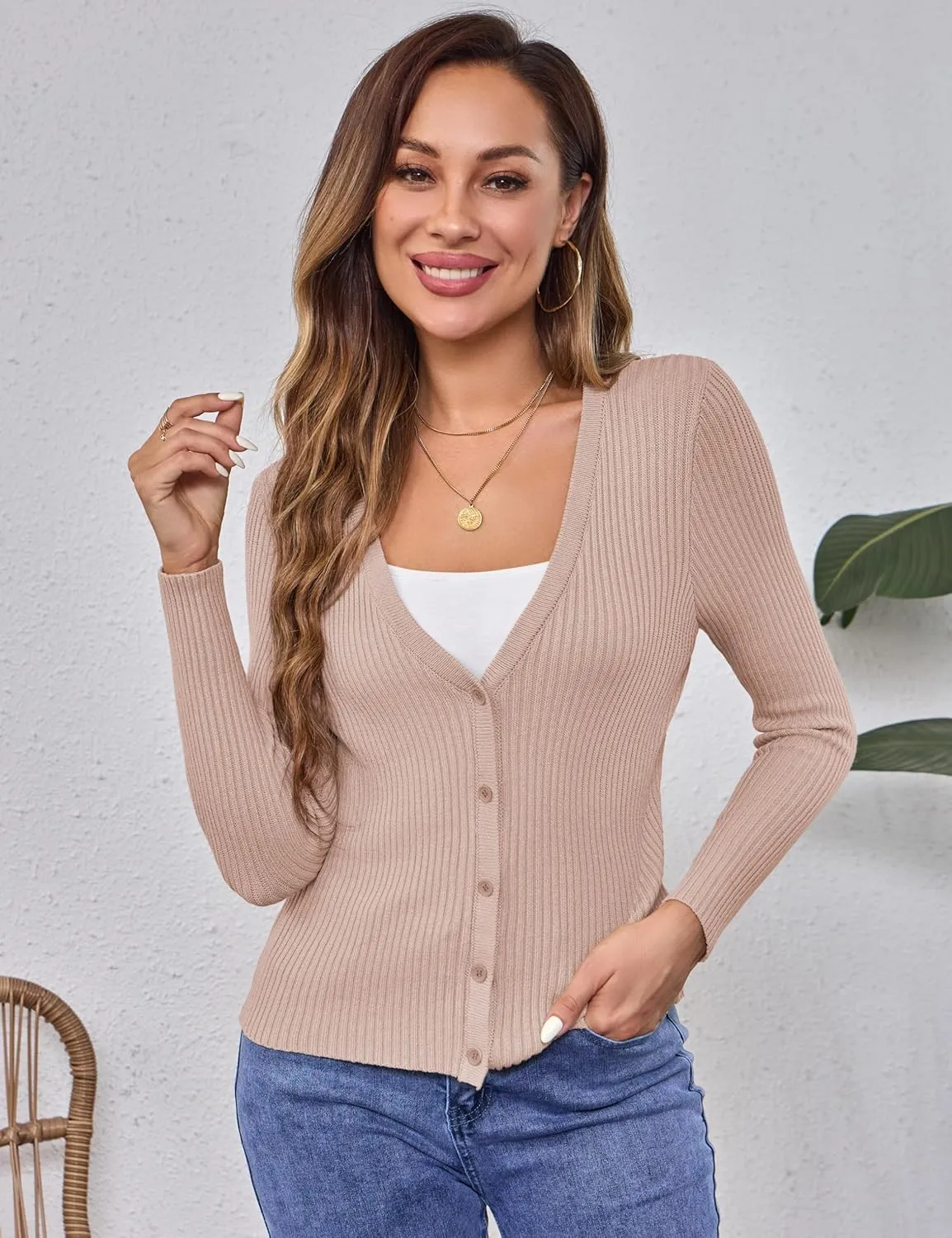 Beecarchil Women's Cardigan Sweaters Casual Button Open Front Long Sleeve V Neck Knit Lightweight Cardigans for Women