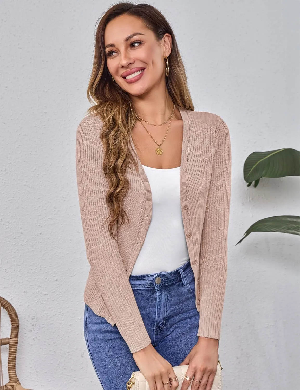 Beecarchil Women's Cardigan Sweaters Casual Button Open Front Long Sleeve V Neck Knit Lightweight Cardigans for Women
