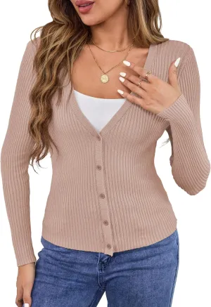 Beecarchil Women's Cardigan Sweaters Casual Button Open Front Long Sleeve V Neck Knit Lightweight Cardigans for Women